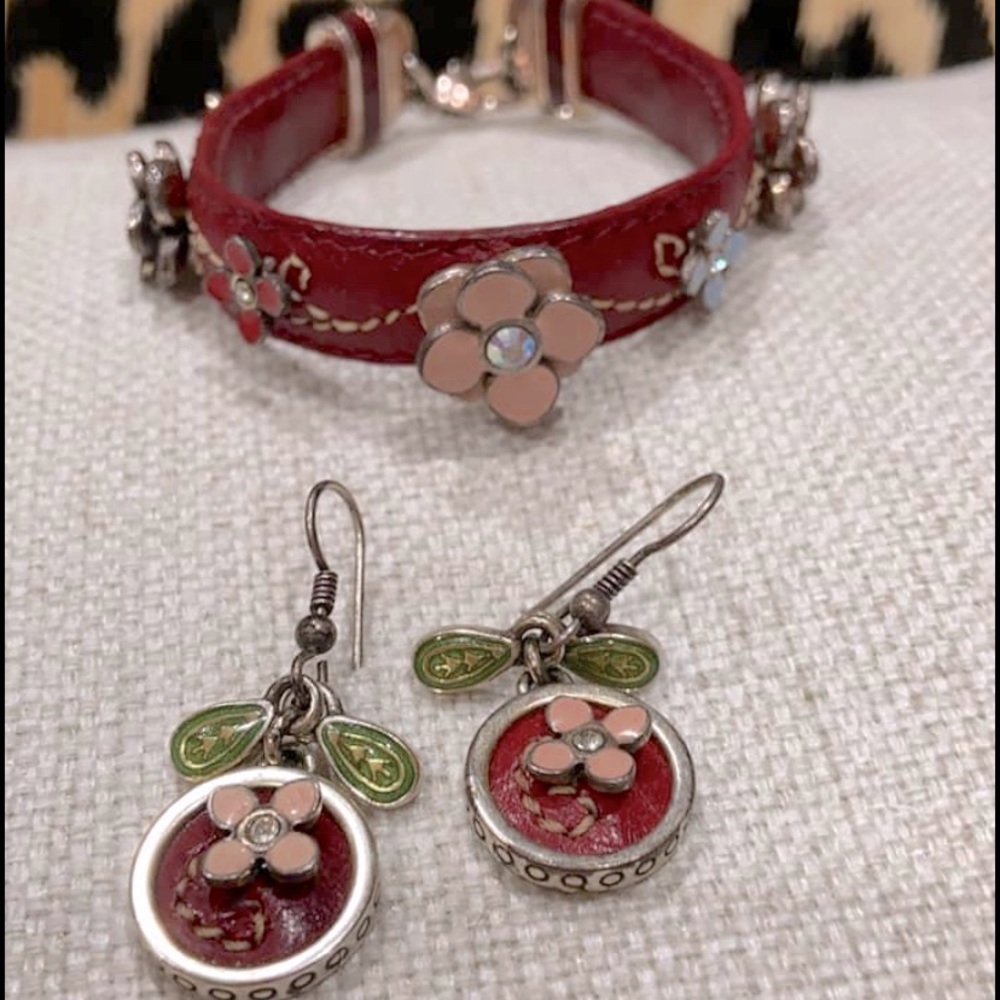 Beautiful Brighton red leather bracelet and earrings set - vintage